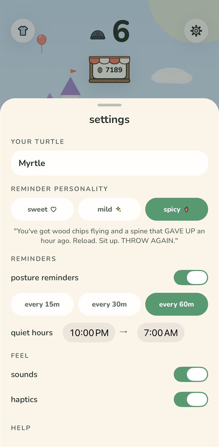 the settings sheet: name your turtle, pick a reminder personality — sweet, mild, or spicy — set reminder frequency and quiet hours